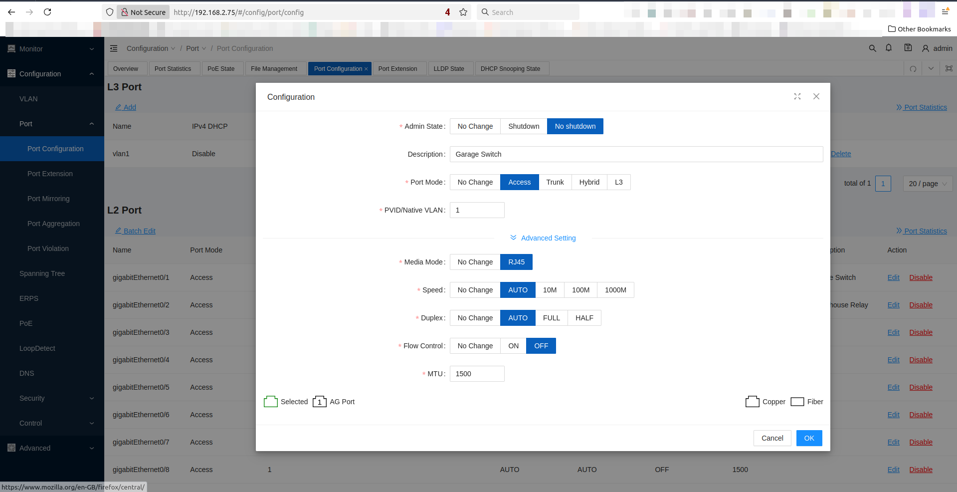 A popup showing interface settings